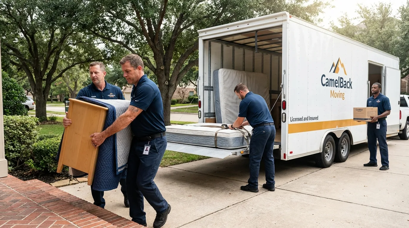 Crew loading residential truck for cross-state move from Tipton, IN