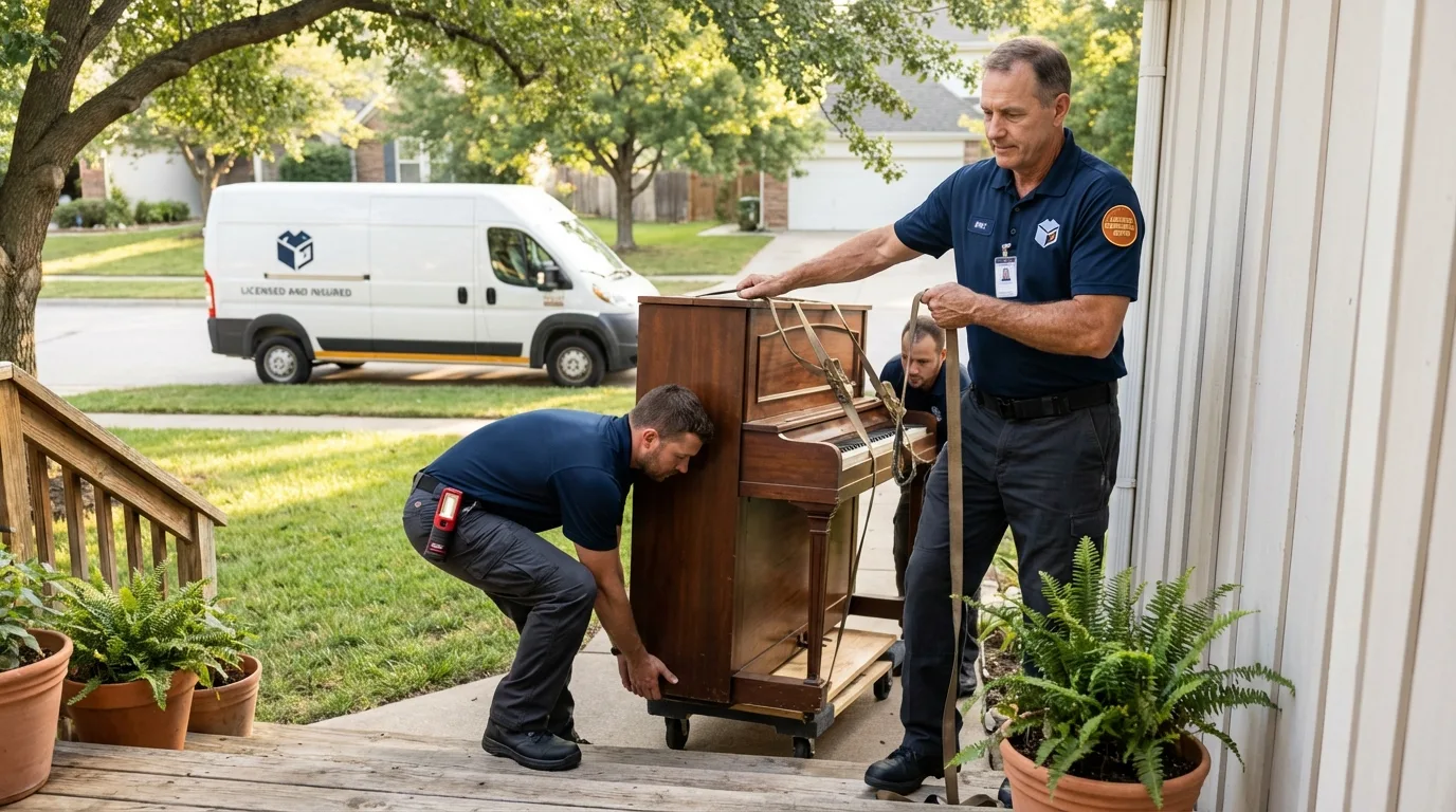 Licensed piano movers securing grand piano in Tipton, IN
