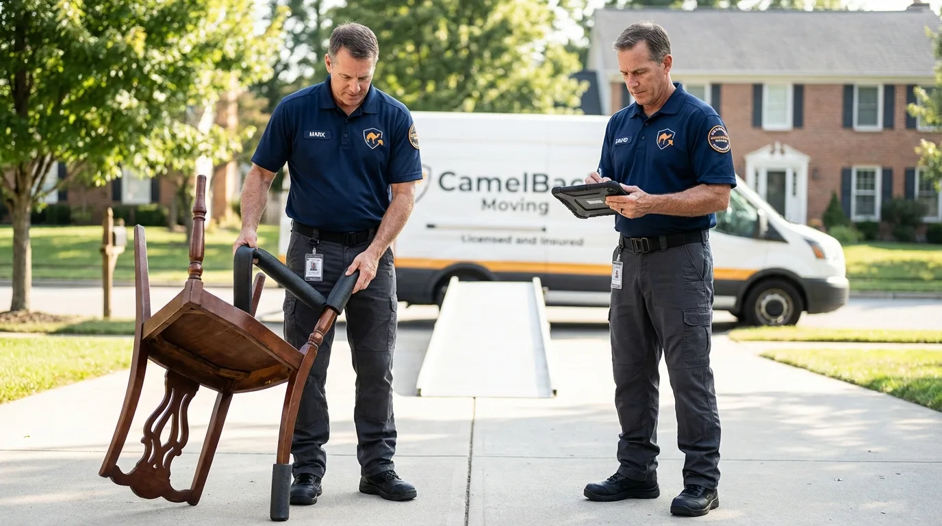 Movers inspecting furniture for damage prevention before loading in Tipton, IN