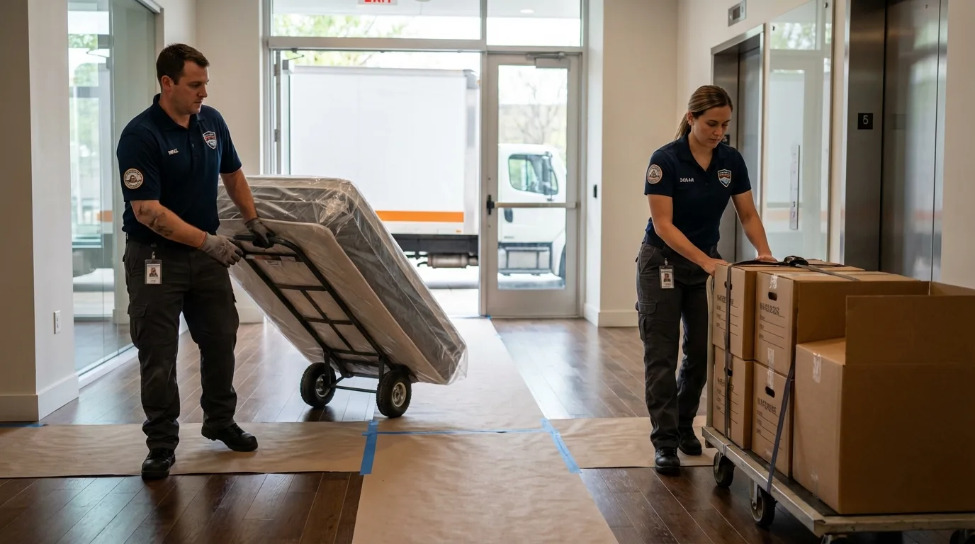 Professional apartment movers loading elevator in Tipton, IN